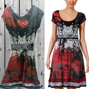 Desigual Black and Red Patterned Mini Dress S